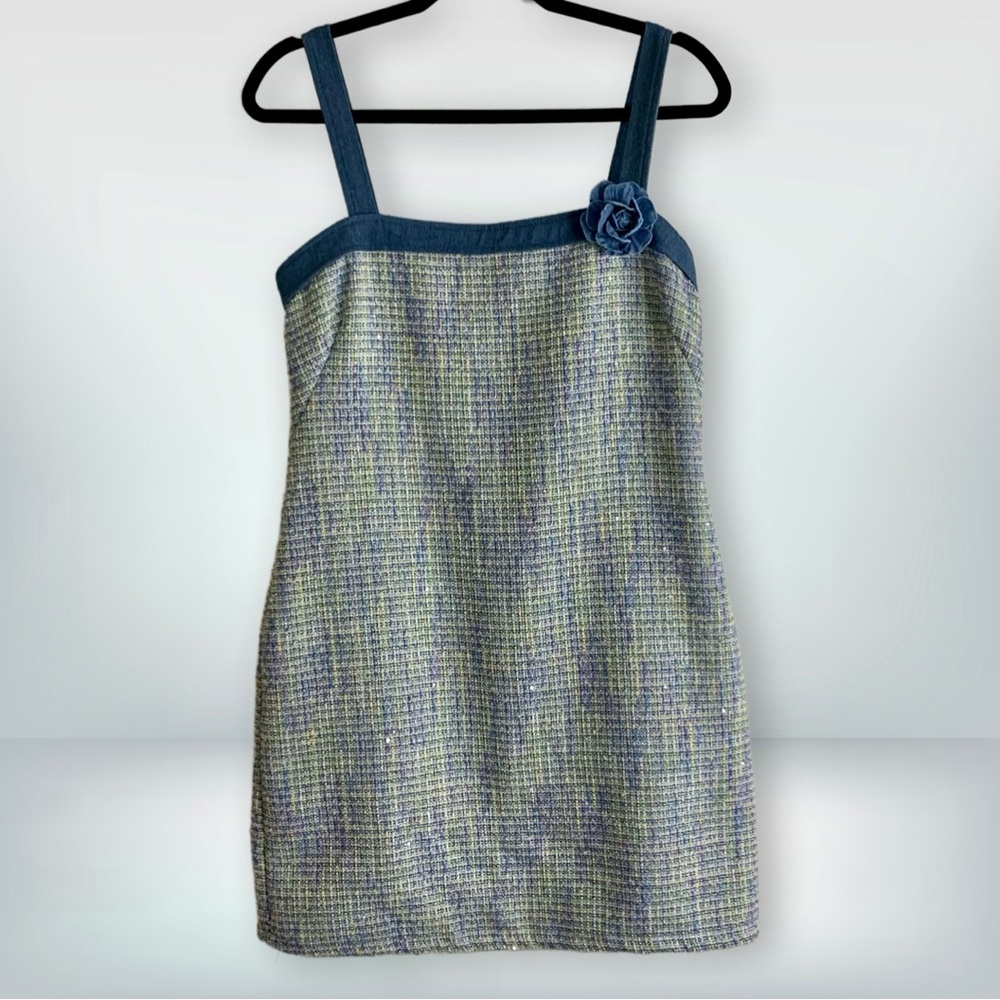 NWT City Vibe Flat Strap Denim and Plaid Wool Blend Short Sheath Dress, size 9 - Picture 2 of 14